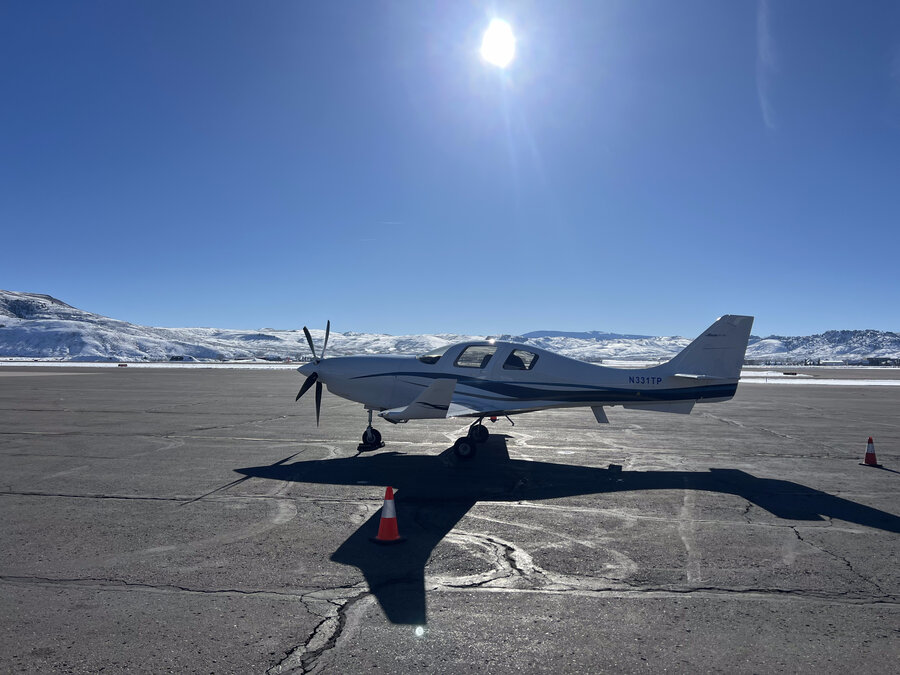 Lancair IV-P N331TP on snowy mountain airport ramp — pressurized turboprop FL280 cruise