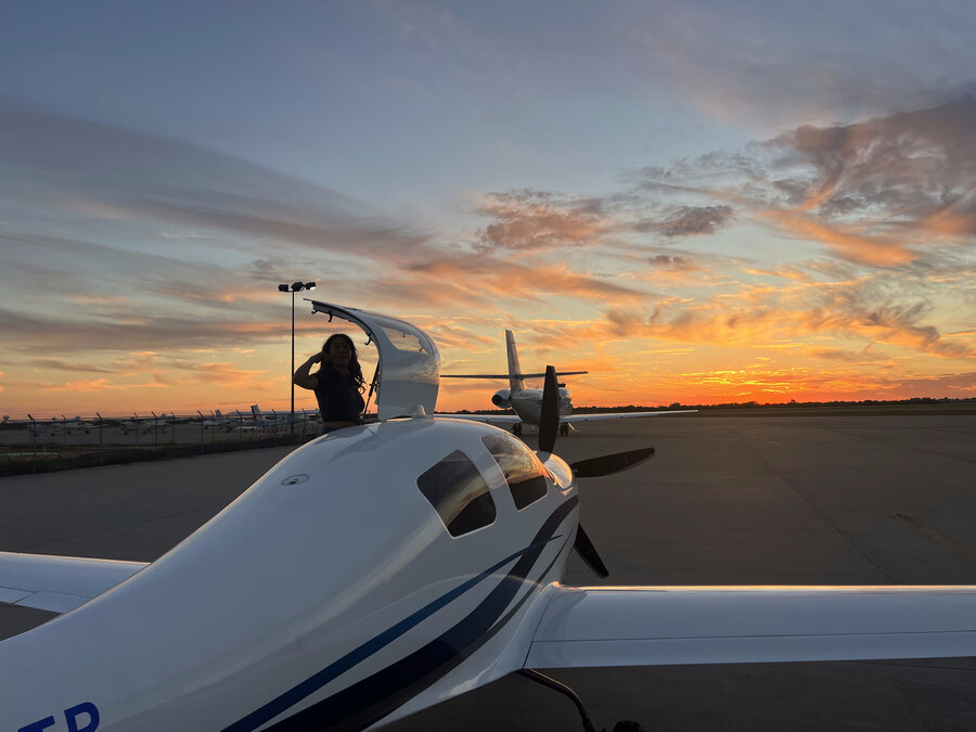 Lancair IV-P N331TP sunset silhouette with canopy open on the ramp in Texas